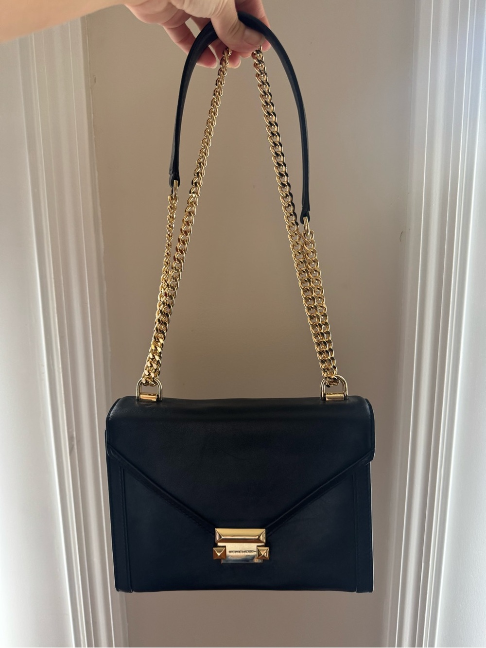 Michael Kors Black Leather Crossbody with Gold Chain